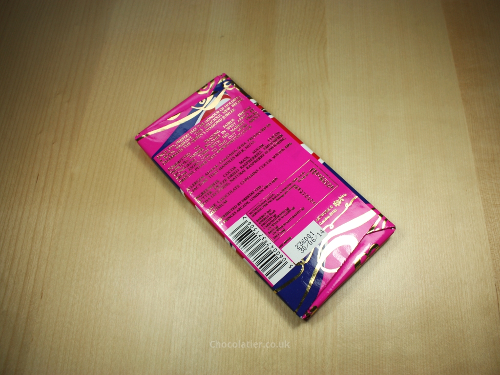 Rear of Prestat Raspberry and Dark Chocolate Bar