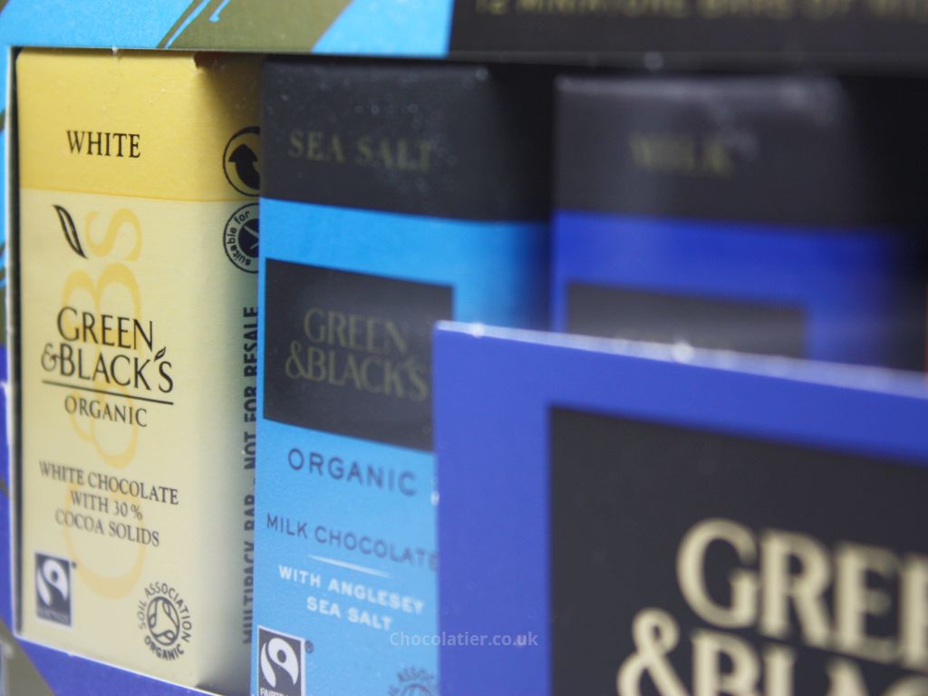 Green & Black's Organic Milk Miniature Bar Collection Box Close Up Green & Black's Organic Milk Miniature Bar Collection Box Close Up