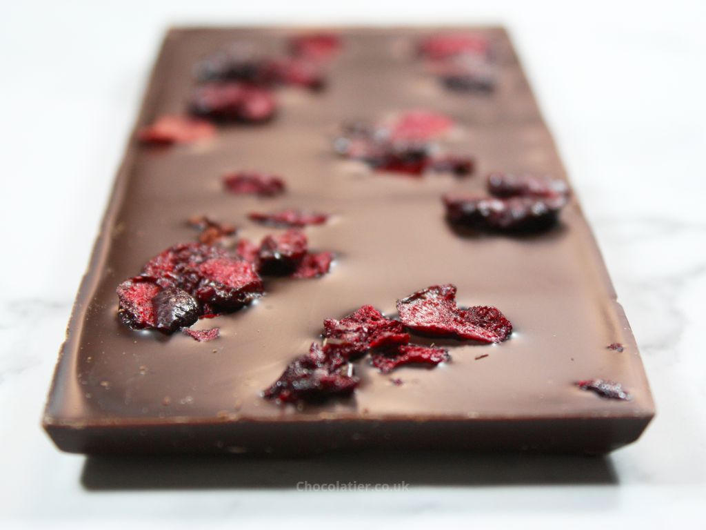 Close-up of The Chocolate Society Sour Cherries Chocolate Bar