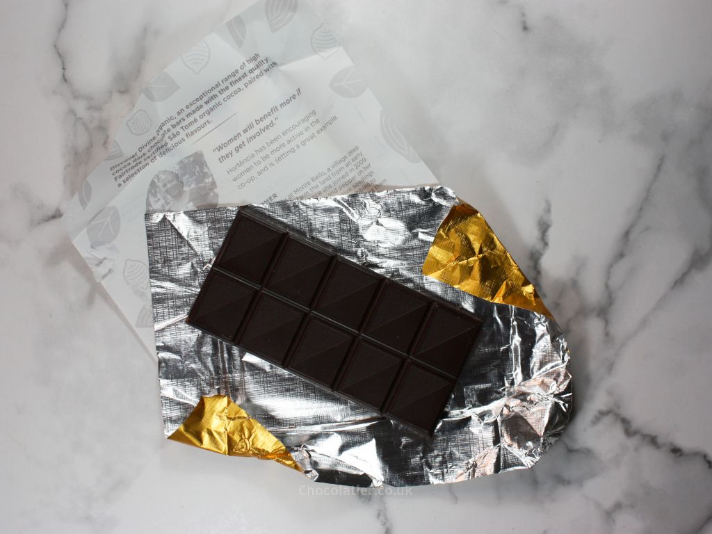 Inside the Divine Organic 85% Rich Dark Chocolate bar packaging
