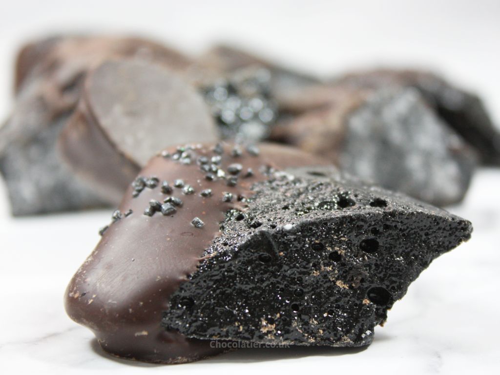 Closeup of Waitrose Christmas Coal Chocolate Liquorice Honeycomb