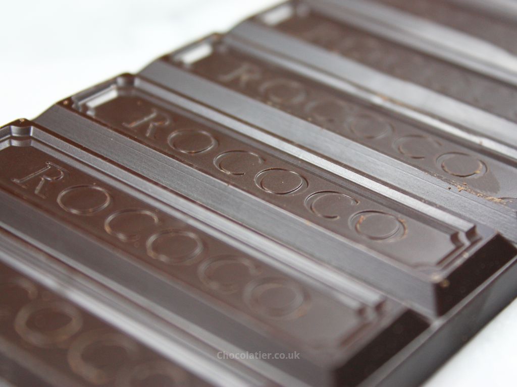 Close-Up of Rococo Chocolates 65% Rose Dark Chocolate Bar