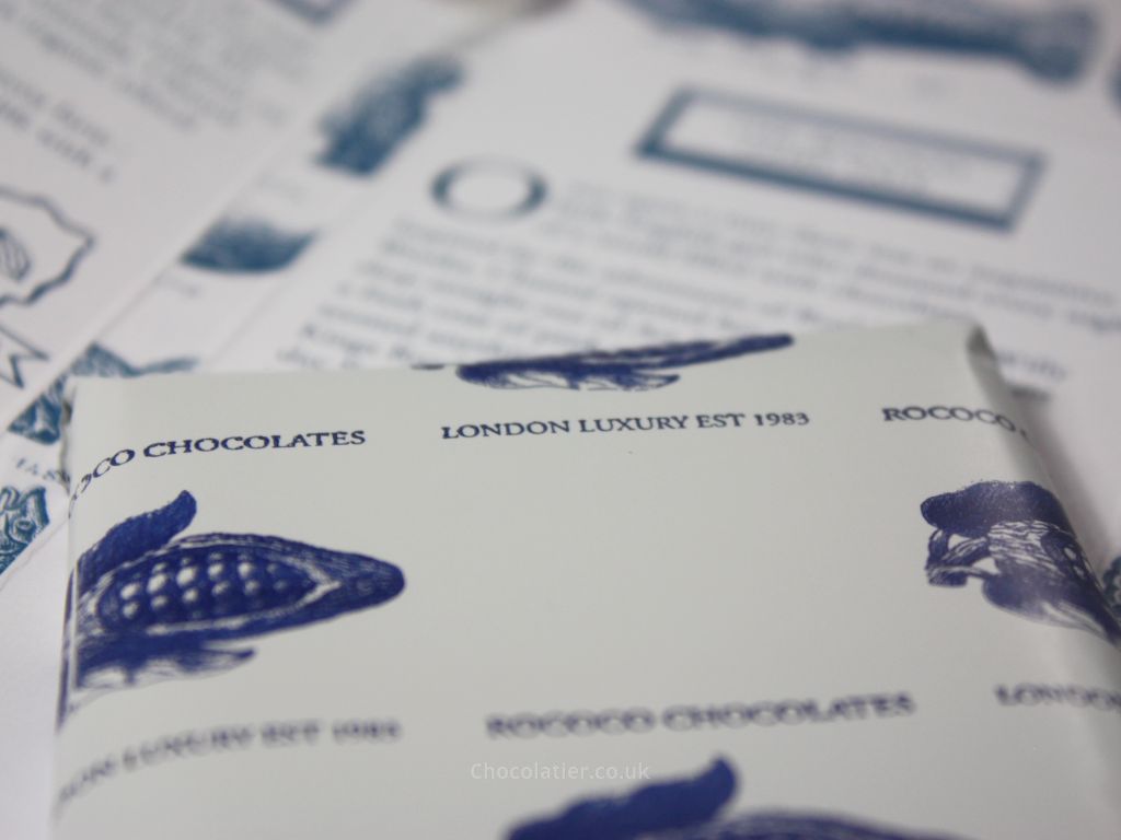 Inside the Rococo Chocolates 65% Rose Dark Chocolate Packaging