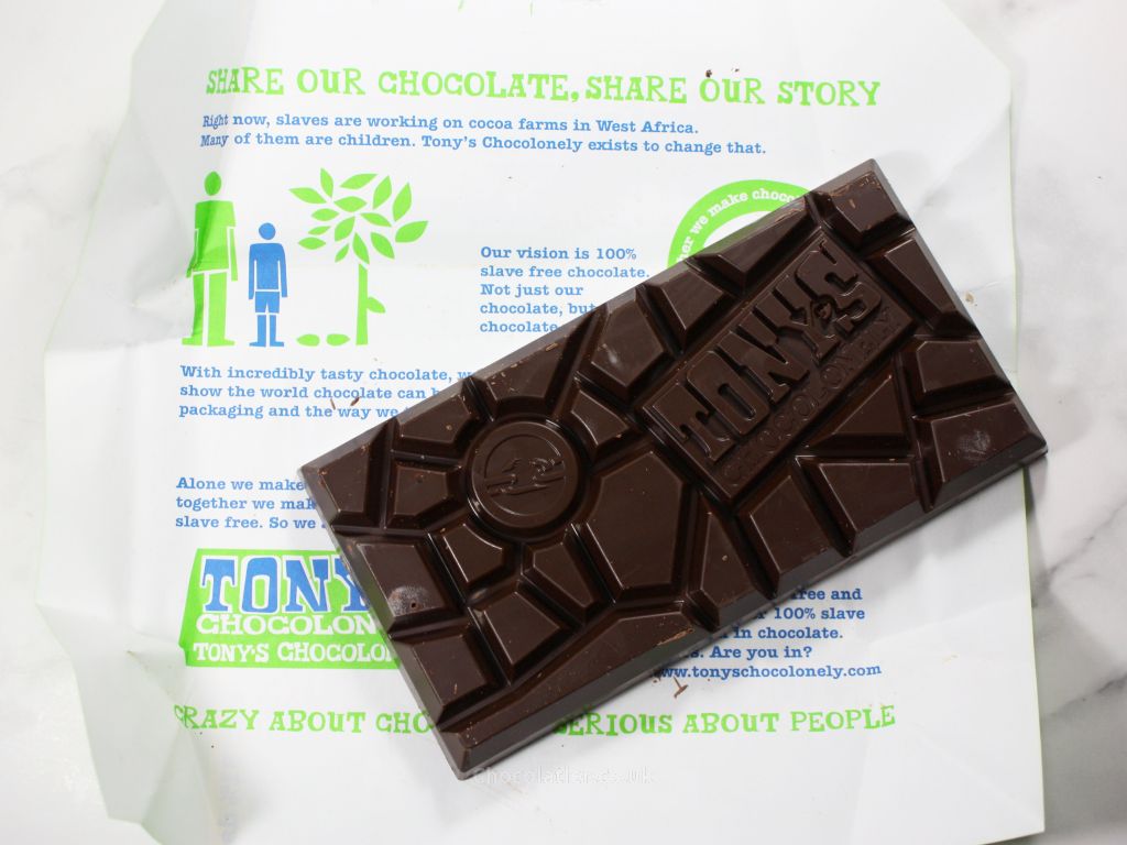 Inside the Tony's Chocolonely Sea Salted Almond 51% Dark Chocolate Packaging