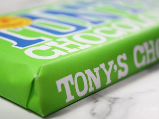 Tony's Chocolonely Sea Salted Almond 51% Dark Chocolate Packaging Close Up