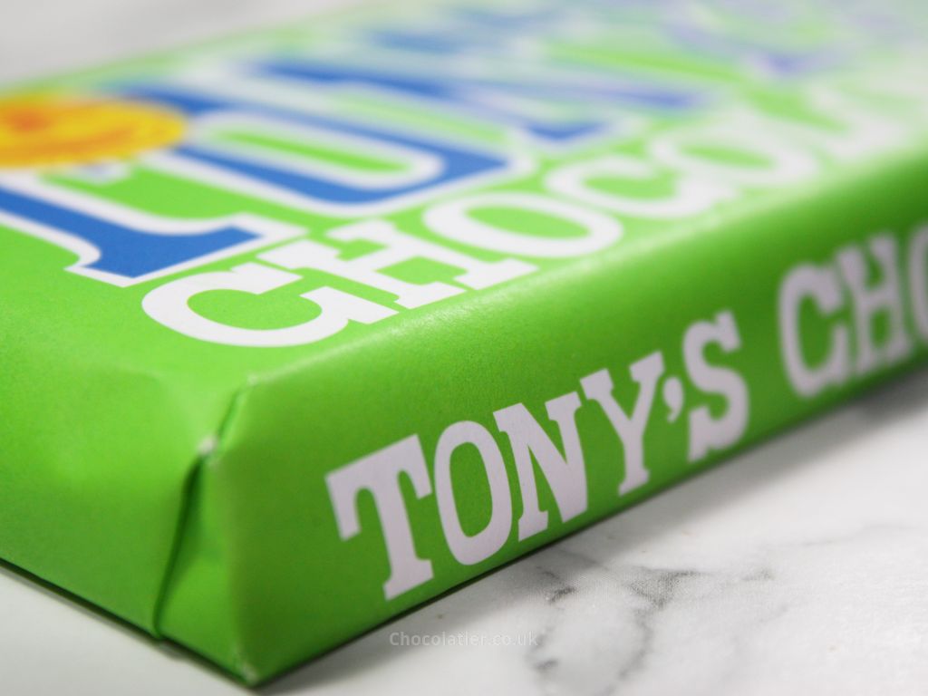 Tony's Chocolonely Sea Salted Almond 51% Dark Chocolate Packaging Close Up