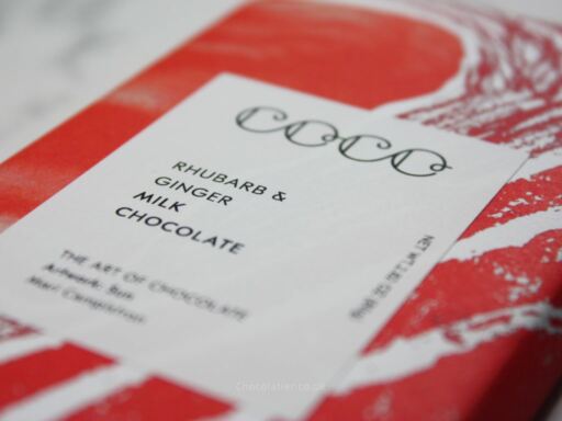 COCO Chocolatier Rhubarb & Ginger Milk Chocolate Packaging Closeup