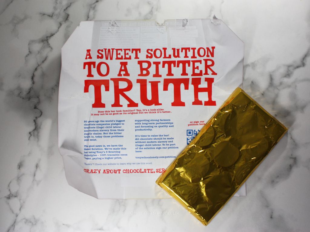 Inside the wrappers of the Tony's Chocolonely Sweet Solution Bars